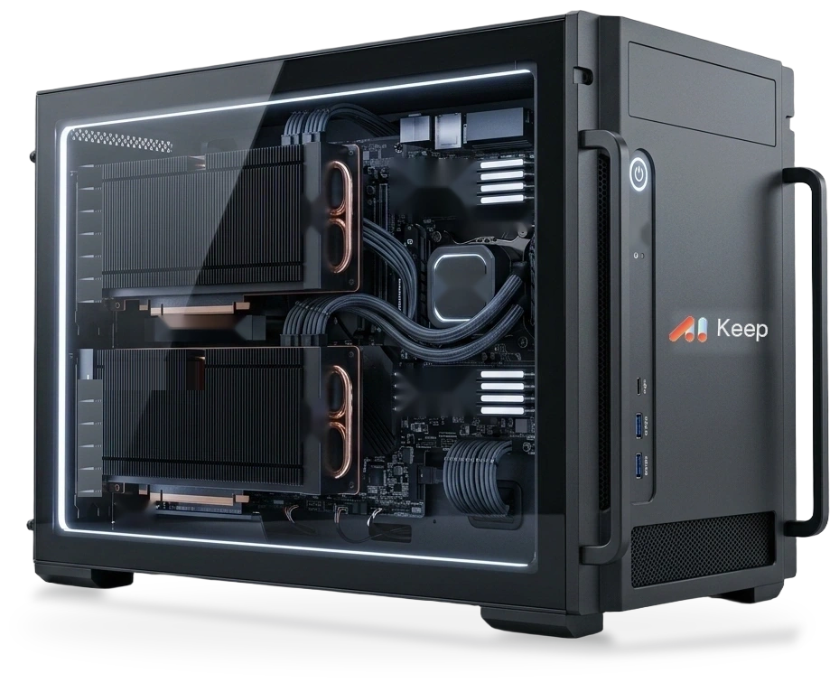 Skilak Keep private AI workstation with a glass side panel showing two GPUs